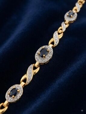 925 Sterling Silver Gold Tone Bracelet | Blue Oval Stones & Crystal Accents
